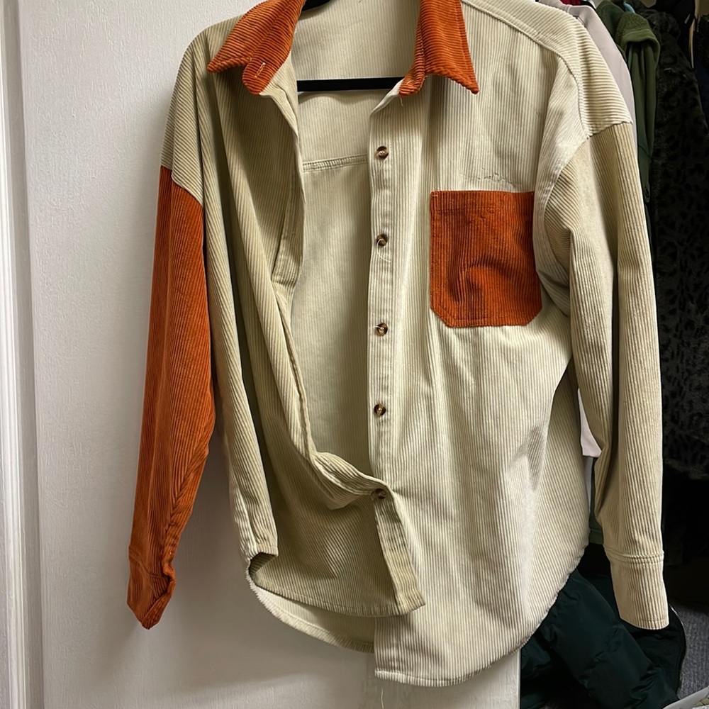 Tan and orange velvet button up never worn. Tags off to wash.
